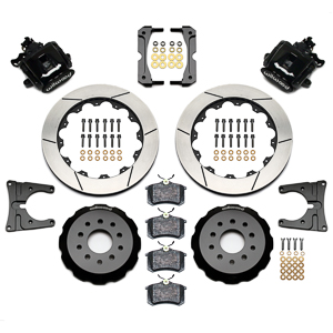 Wilwood Combination Parking Brake Caliper Rear Brake Kit Parts Laid Out - Black Powder Coat Caliper - GT Slotted Rotor