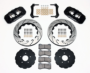 Wilwood AERO6 Big Brake Front Brake Kit Parts Laid Out - Black Powder Coat Caliper - SRP Drilled & Slotted Rotor