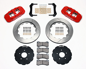 Wilwood AERO6 Big Brake Front Brake Kit Parts Laid Out - Red Powder Coat Caliper - GT Slotted Rotor