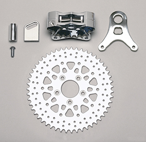 Wilwood GP310 Motorcycle Rear Sprocket Brake Kit Parts Laid Out - Drilled Rotor