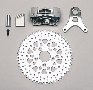 Wilwood GP310 Motorcycle Rear Sprocket Brake Kit Parts Laid Out - Drilled Rotor