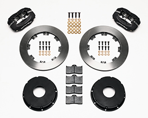Wilwood Forged Dynalite Pro Series Rear Brake Kit (Less Brackets) Parts Laid Out - Black Powder Coat Caliper - Plain Face Rotor
