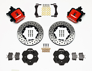 Wilwood Combination Parking Brake Caliper Rear Brake Kit Parts Laid Out - Red Powder Coat Caliper - SRP Drilled & Slotted Rotor