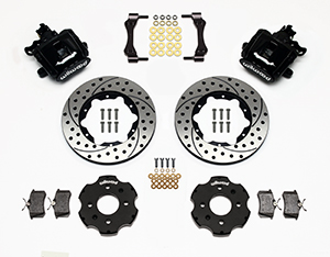 Wilwood Combination Parking Brake Caliper Rear Brake Kit Parts Laid Out - Black Powder Coat Caliper - SRP Drilled & Slotted Rotor