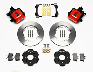 Wilwood Combination Parking Brake Caliper Rear Brake Kit Parts Laid Out - Red Powder Coat Caliper - Plain Face Rotor