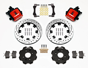 Wilwood Combination Parking Brake Caliper Rear Brake Kit Parts Laid Out - Red Powder Coat Caliper - SRP Drilled & Slotted Rotor