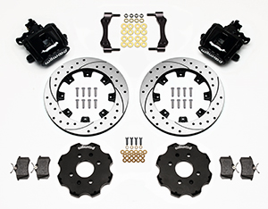 Wilwood Combination Parking Brake Caliper Rear Brake Kit Parts Laid Out - Black Powder Coat Caliper - SRP Drilled & Slotted Rotor