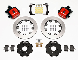 Wilwood Combination Parking Brake Caliper Rear Brake Kit Parts Laid Out - Red Powder Coat Caliper - Plain Face Rotor