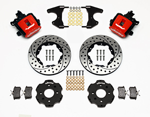 Wilwood Combination Parking Brake Caliper Rear Brake Kit Parts Laid Out - Red Powder Coat Caliper - SRP Drilled & Slotted Rotor