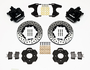 Wilwood Combination Parking Brake Caliper Rear Brake Kit Parts Laid Out - Black Powder Coat Caliper - SRP Drilled & Slotted Rotor