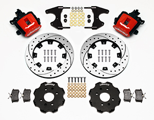 Wilwood Combination Parking Brake Caliper Rear Brake Kit Parts Laid Out - Red Powder Coat Caliper - SRP Drilled & Slotted Rotor