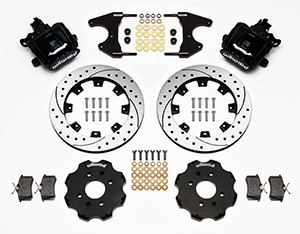 Wilwood Combination Parking Brake Caliper Rear Brake Kit Parts Laid Out - Black Powder Coat Caliper - SRP Drilled & Slotted Rotor