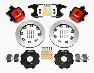 Wilwood Combination Parking Brake Caliper Rear Brake Kit Parts Laid Out - Red Powder Coat Caliper - Plain Face Rotor