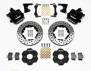 Wilwood Combination Parking Brake Caliper Rear Brake Kit Parts Laid Out - Black Powder Coat Caliper - SRP Drilled & Slotted Rotor