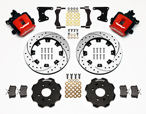 Wilwood Combination Parking Brake Caliper Rear Brake Kit Parts Laid Out - Red Powder Coat Caliper - SRP Drilled & Slotted Rotor