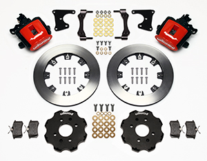 Wilwood Combination Parking Brake Caliper Rear Brake Kit Parts Laid Out - Red Powder Coat Caliper - Plain Face Rotor