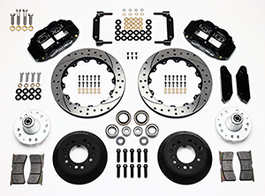 Wilwood Forged Narrow Superlite 6R Big Brake Front Brake Kit (Hub) Parts Laid Out - Black Powder Coat Caliper - SRP Drilled & Slotted Rotor