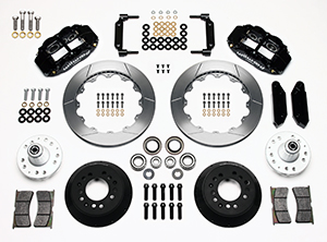 Wilwood Forged Narrow Superlite 6R Big Brake Front Brake Kit (Hub) Parts Laid Out - Black Powder Coat Caliper - GT Slotted Rotor