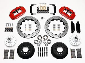 Wilwood Forged Narrow Superlite 6R Big Brake Front Brake Kit (Hub) Parts Laid Out - Red Powder Coat Caliper - SRP Drilled & Slotted Rotor