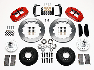 Wilwood Forged Narrow Superlite 6R Big Brake Front Brake Kit (Hub) Parts Laid Out - Red Powder Coat Caliper - GT Slotted Rotor