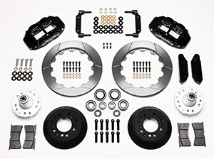 Wilwood Forged Narrow Superlite 6R Big Brake Front Brake Kit (Hub) Parts Laid Out - Black Powder Coat Caliper - GT Slotted Rotor