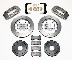 Wilwood W6A Big Brake Front Brake Kit (Race) Parts Laid Out - Nickel Plate Caliper - GT Slotted Rotor