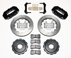 Wilwood W6A Big Brake Front Brake Kit (Race) Parts Laid Out - Black Powder Coat Caliper - GT Slotted Rotor