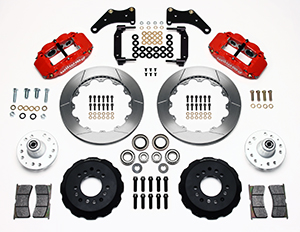 Wilwood Forged Narrow Superlite 6R Big Brake Front Brake Kit (Hub) Parts Laid Out - Red Powder Coat Caliper - GT Slotted Rotor