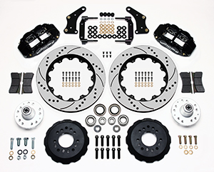 Wilwood Forged Narrow Superlite 6R Big Brake Front Brake Kit (Hub) Parts Laid Out - Black Powder Coat Caliper - SRP Drilled & Slotted Rotor