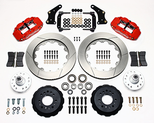 Wilwood Forged Narrow Superlite 6R Big Brake Front Brake Kit (Hub) Parts Laid Out - Red Powder Coat Caliper - GT Slotted Rotor