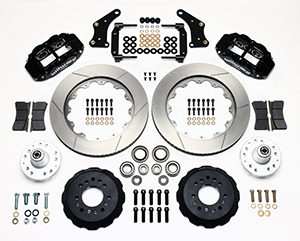 Wilwood Forged Narrow Superlite 6R Big Brake Front Brake Kit (Hub) Parts Laid Out - Black Powder Coat Caliper - GT Slotted Rotor