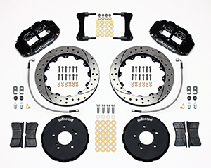 Wilwood Forged Narrow Superlite 6R Big Brake Front Brake Kit (Hat) Parts Laid Out - Black Powder Coat Caliper - SRP Drilled & Slotted Rotor