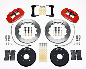 Wilwood Forged Narrow Superlite 6R Big Brake Front Brake Kit (Hat) Parts Laid Out - Red Powder Coat Caliper - GT Slotted Rotor