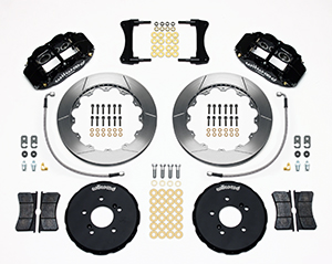 Wilwood Forged Narrow Superlite 6R Big Brake Front Brake Kit (Hat) Parts Laid Out - Black Powder Coat Caliper - GT Slotted Rotor