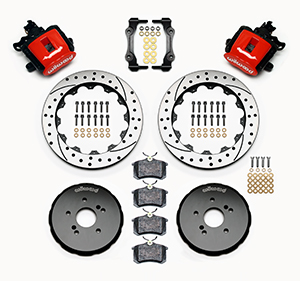 Wilwood Combination Parking Brake Caliper Rear Brake Kit Parts Laid Out - Red Powder Coat Caliper - SRP Drilled & Slotted Rotor