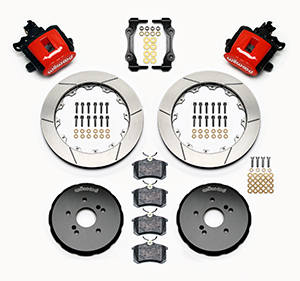 Wilwood Combination Parking Brake Caliper Rear Brake Kit Parts Laid Out - Red Powder Coat Caliper - GT Slotted Rotor