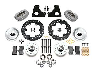 Wilwood Forged Dynalite Front Drag Brake Kit Parts Laid Out - Type III Anodize Caliper - Drilled Rotor