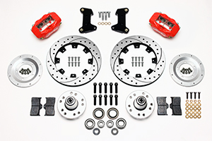 Wilwood Forged Dynalite Big Brake Front Brake Kit (Hub) Parts Laid Out - Red Powder Coat Caliper - SRP Drilled & Slotted Rotor