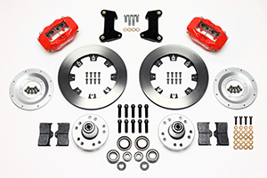 Wilwood Forged Dynalite Big Brake Front Brake Kit (Hub) Parts Laid Out - Red Powder Coat Caliper - Plain Face Rotor