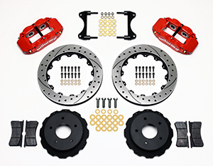 Wilwood Forged Narrow Superlite 4R Big Brake Rear Brake Kit For OE Parking Brake Parts Laid Out - Red Powder Coat Caliper - SRP Drilled & Slotted Rotor