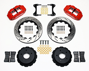 Wilwood Forged Narrow Superlite 4R Big Brake Rear Brake Kit For OE Parking Brake Parts Laid Out - Red Powder Coat Caliper - SRP Drilled & Slotted Rotor