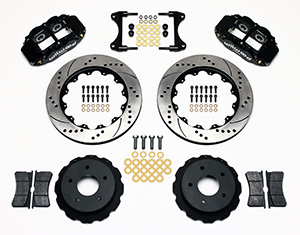 Wilwood Forged Narrow Superlite 4R Big Brake Rear Brake Kit For OE Parking Brake Parts Laid Out - Black Powder Coat Caliper - SRP Drilled & Slotted Rotor