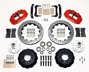 Wilwood Forged Narrow Superlite 6R Big Brake Front Brake Kit (Hub) Parts Laid Out - Red Powder Coat Caliper - SRP Drilled & Slotted Rotor