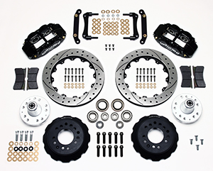 Wilwood Forged Narrow Superlite 6R Big Brake Front Brake Kit (Hub) Parts Laid Out - Black Powder Coat Caliper - SRP Drilled & Slotted Rotor