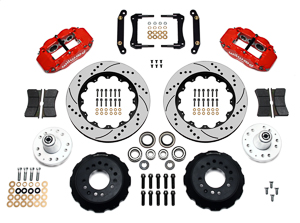 Wilwood Forged Narrow Superlite 6R Big Brake Front Brake Kit (Hub) Parts Laid Out - Red Powder Coat Caliper - SRP Drilled & Slotted Rotor