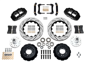 Wilwood Forged Narrow Superlite 6R Big Brake Front Brake Kit (Hub) Parts Laid Out - Black Powder Coat Caliper - SRP Drilled & Slotted Rotor