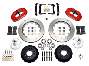 Wilwood Forged Narrow Superlite 6R Big Brake Front Brake Kit (Hub) Parts Laid Out - Red Powder Coat Caliper - GT Slotted Rotor