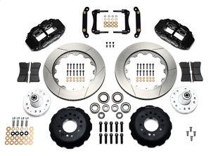 Wilwood Forged Narrow Superlite 6R Big Brake Front Brake Kit (Hub) Parts Laid Out - Black Powder Coat Caliper - GT Slotted Rotor