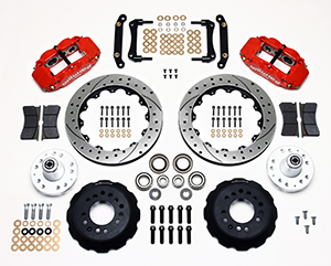 Wilwood Forged Narrow Superlite 6R Big Brake Front Brake Kit (Hub) Parts Laid Out - Red Powder Coat Caliper - SRP Drilled & Slotted Rotor