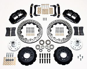 Wilwood Forged Narrow Superlite 6R Big Brake Front Brake Kit (Hub) Parts Laid Out - Black Powder Coat Caliper - SRP Drilled & Slotted Rotor